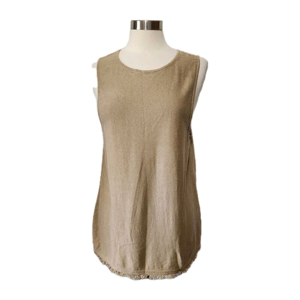 J.Jill Tunic Top XLP PETITE Linen Blend Fringe Hem Sleeveless Brown  LAGENLOOK